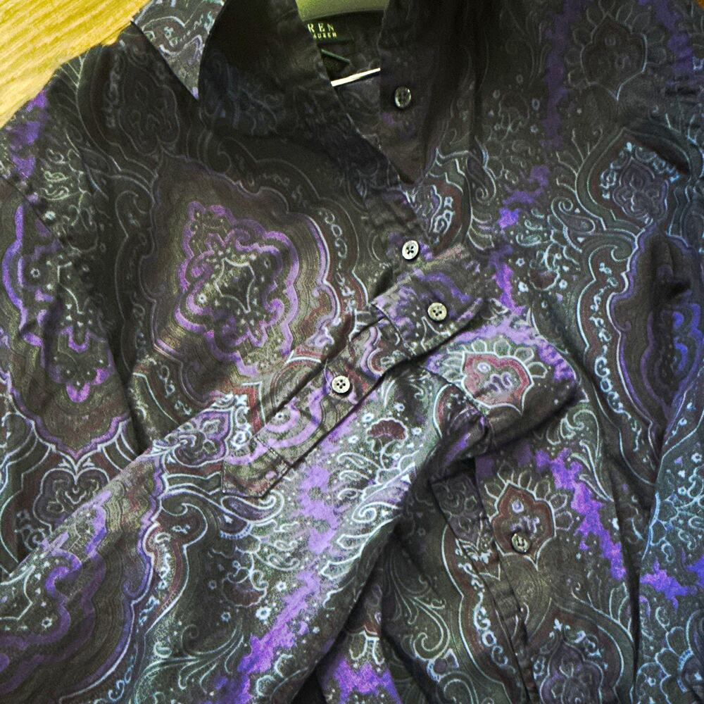 Lauren Ralph Lauren Women’s L Black Purple Paisley Long Sleeve Cotton Button-Up
